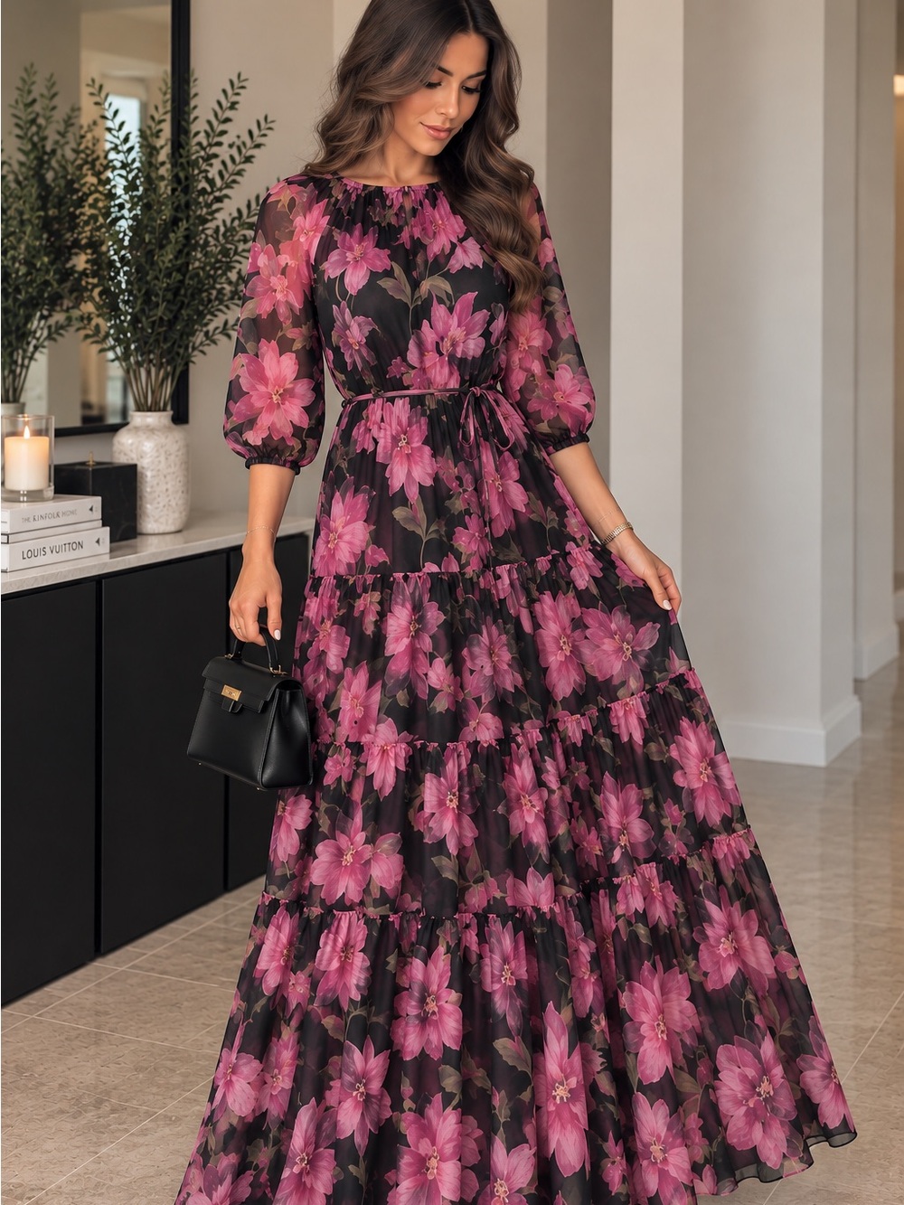 🌺 Black & Pink Floral Silk-Blend Maxi Dress